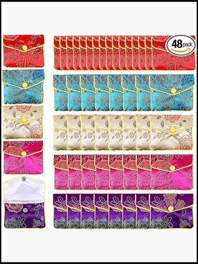 48pcs Silk Brocade Jewelry Pouches Bulk Zipper Travel Organizer Gift Bags